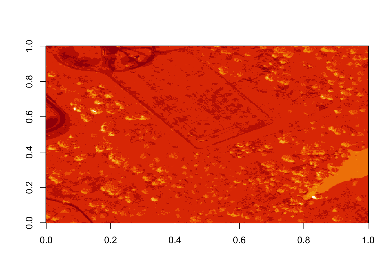 Plot of log transformed reflectance values for the previous b9 image. Applying the log to the image increases the contrast making it look more like an image by factoring out those larger values. While an improvement, the image is still far from great. The proper way to adjust an image is by doing whats called an image stretch.