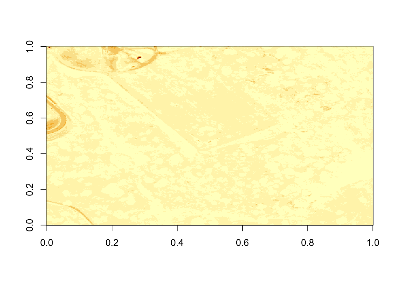 Plot of reflectance values for band 9 data with values equal to -9999 set to NA. Image data in raster format will often contain no data values, which may be attributed to the sensor not collecting data in that area of the image or to processing results which yield null values. Reflectance datasets designate -9999 as data ignore values. As such, we will reassign -9999 values to NA so R won't try to render these pixels.